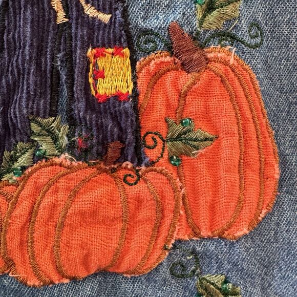 Vintage Cottagecore Fall Autumn Embroidered Patchwork Denim Jacket XL Pumpkin 90 - Picture 12 of 16